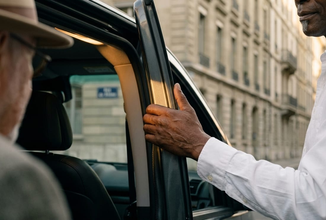 Détail : la main du chauffeur tenant la portière du véhicule, lumière de fin d'après-midi