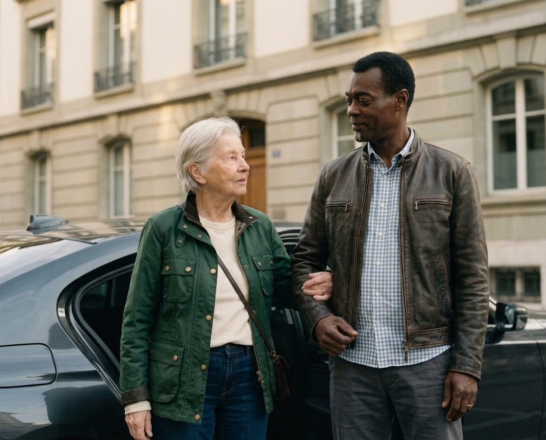 Julien Lavril, fondateur de Swiss Care Driver, accompagnant un passager senior à descendre du véhicule à Genève