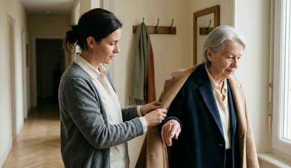 Une fille adulte aide sa mère à enfiler son manteau dans le hall de son appartement